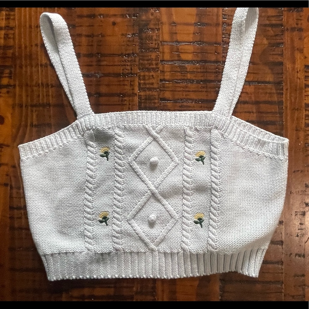 Light Blue Wild Fable Cropped Sweater Tank Top With Flowers